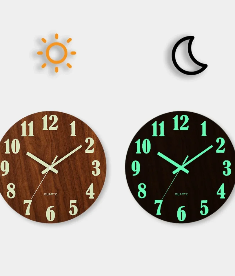 

12 Inch Luminous Wall Clock Wood Silent light in dark night Nordic Fashion Wall Clock Non Ticking Clock With Night Light