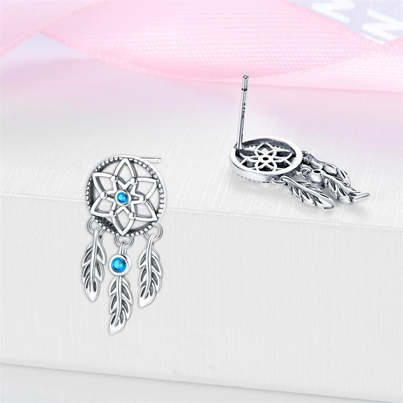 New 925 Silver Plated Shiny Dream Catcher Feather Earrings For Women Exquisite Butterfly Earrings Fashion Birthday Jewelry