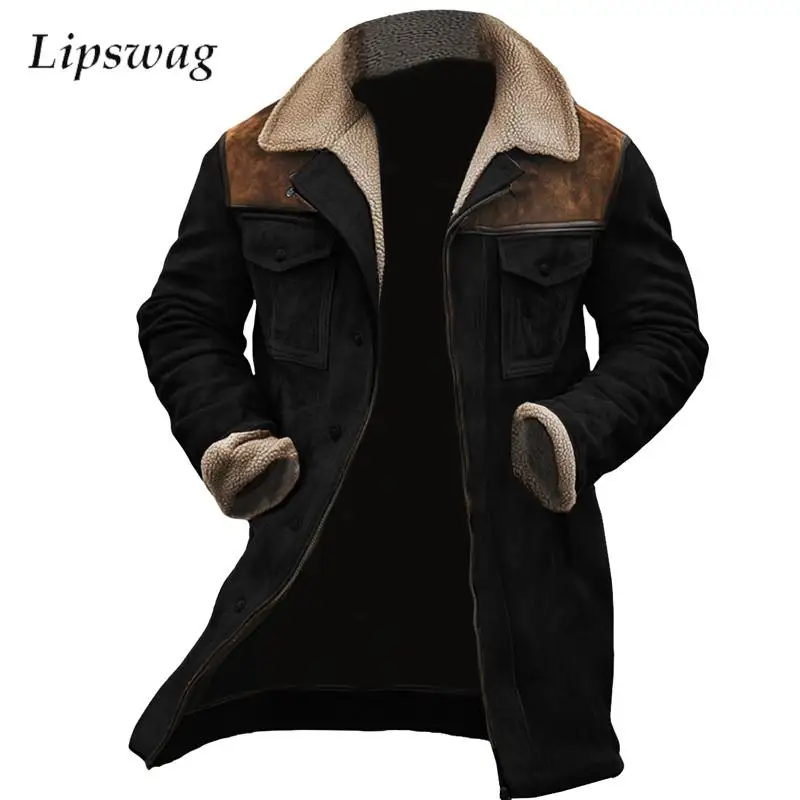 Vintage Patchwork Wool Lapel Jacket Coat Mens 2024 Fall Winter Casual Button-up Pockets Long Jackets Men Stylish Loose Outerwear