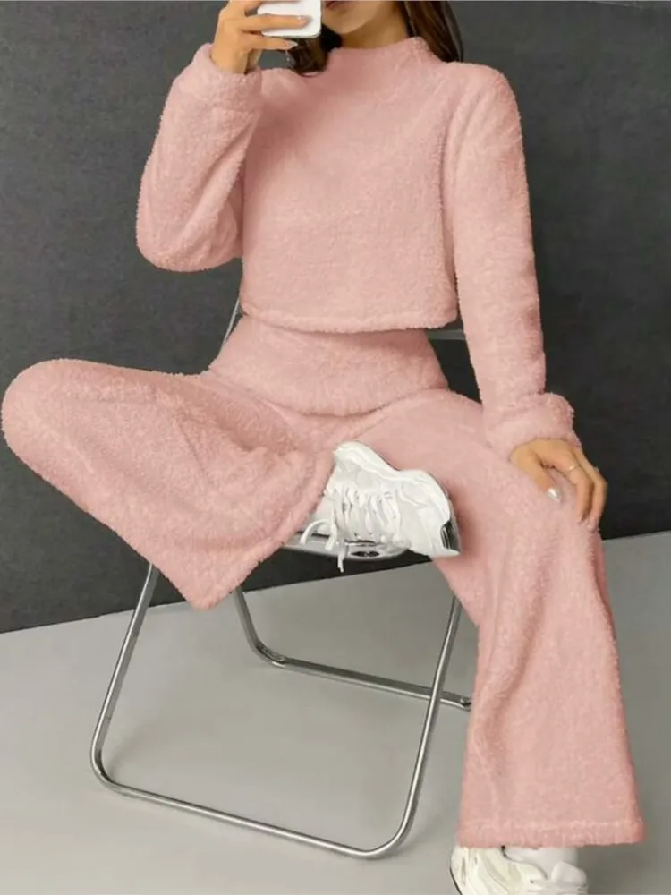 Casual Plush Suit Women Long Sleeve Short Pullovers + High Wiast Wide Leg Pant Two Piece Set Pink Homewear Sets Fashion Outfits