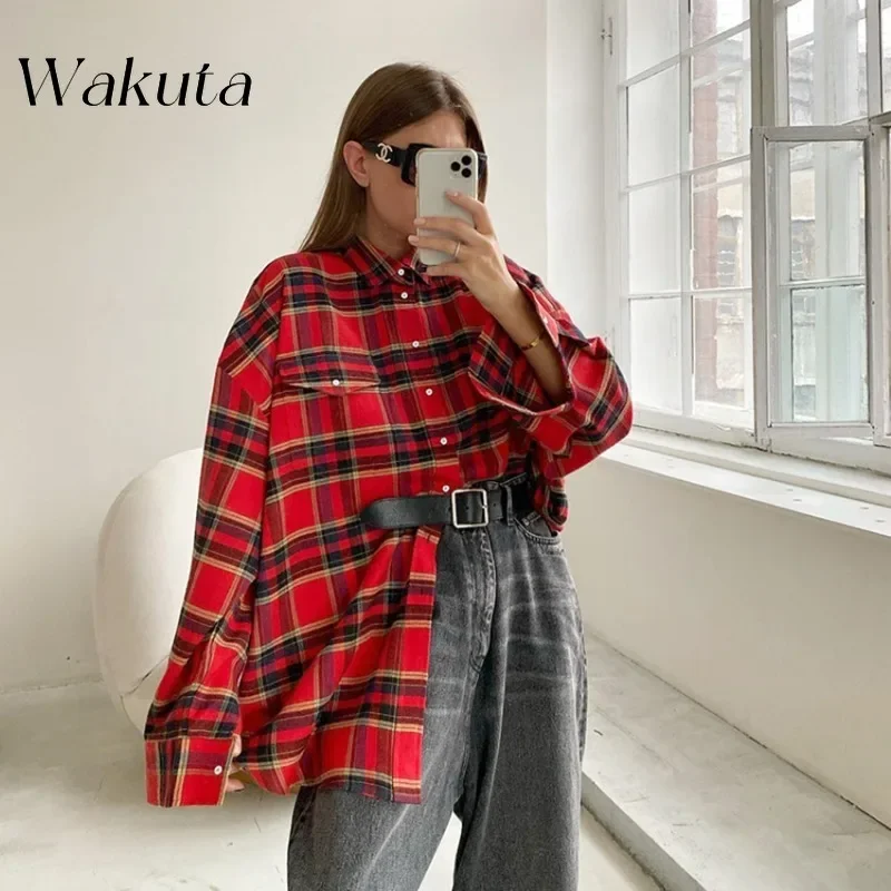 WAKUTA  Autumn Classic Versatile Collar Long Sleeve Plaid Shirt Fashion Trend Retro Plaid Loose Single Breasted Top Blouse Women