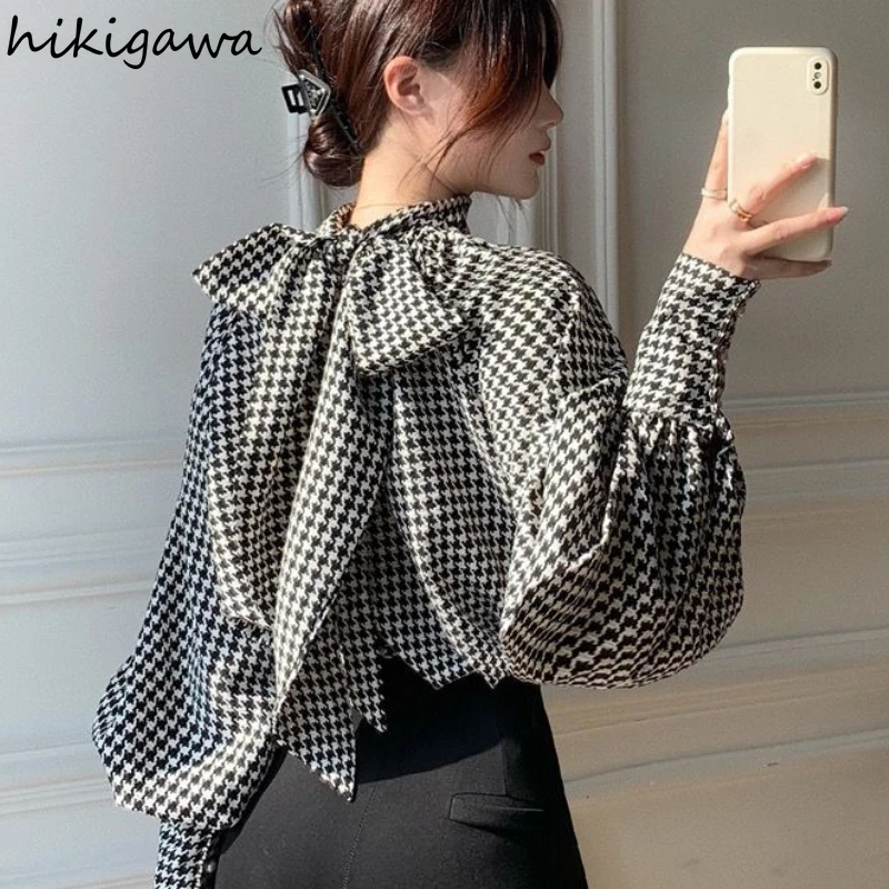 Fashion Plaid Shirts for Women Stand Neck Bandage Bow Lantern Sleeve Blouses Korean Vintage Loose Tops 2024 Camisas De Mujer