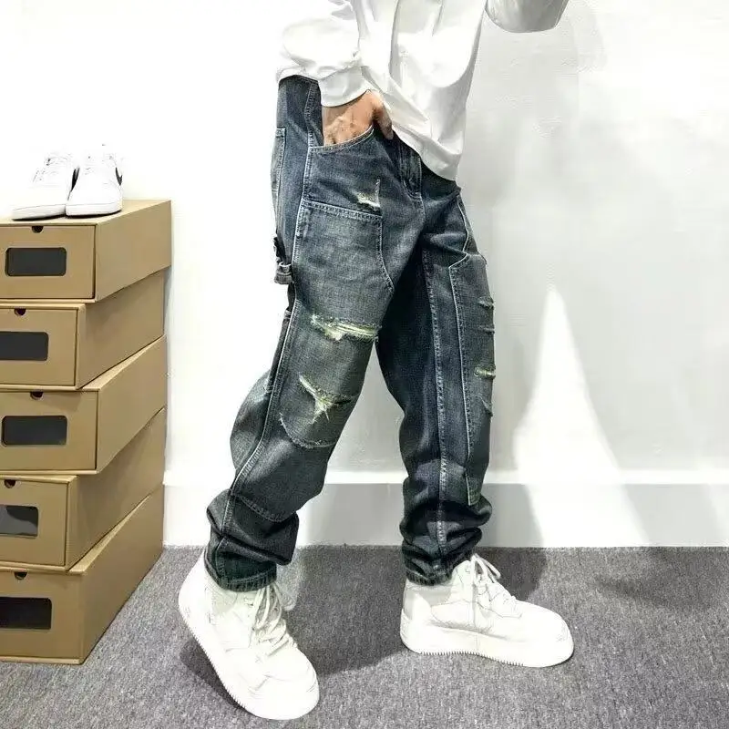 

American Style Heavyweight Retro Hole Workwear Jeans Men's Trendy High Street Loose Straight Leg Long Pants Wide Leg Cone Sha...