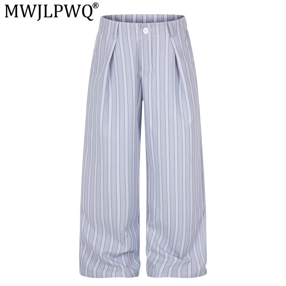 MWJLPWQ Vertical Striped Loose Wide-Leg Pants For Men Trend American Vibe Japanese Casual Straight Pleated Design Trousers 20941