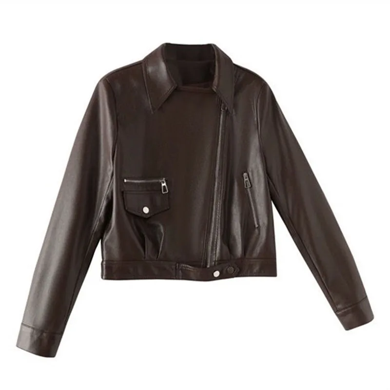 

Women Motorcycle Jacket 2026 Spring Autumn New Short Black Khaki PU Leather Coat Casual Suit Collar Ladies Outerwear Top