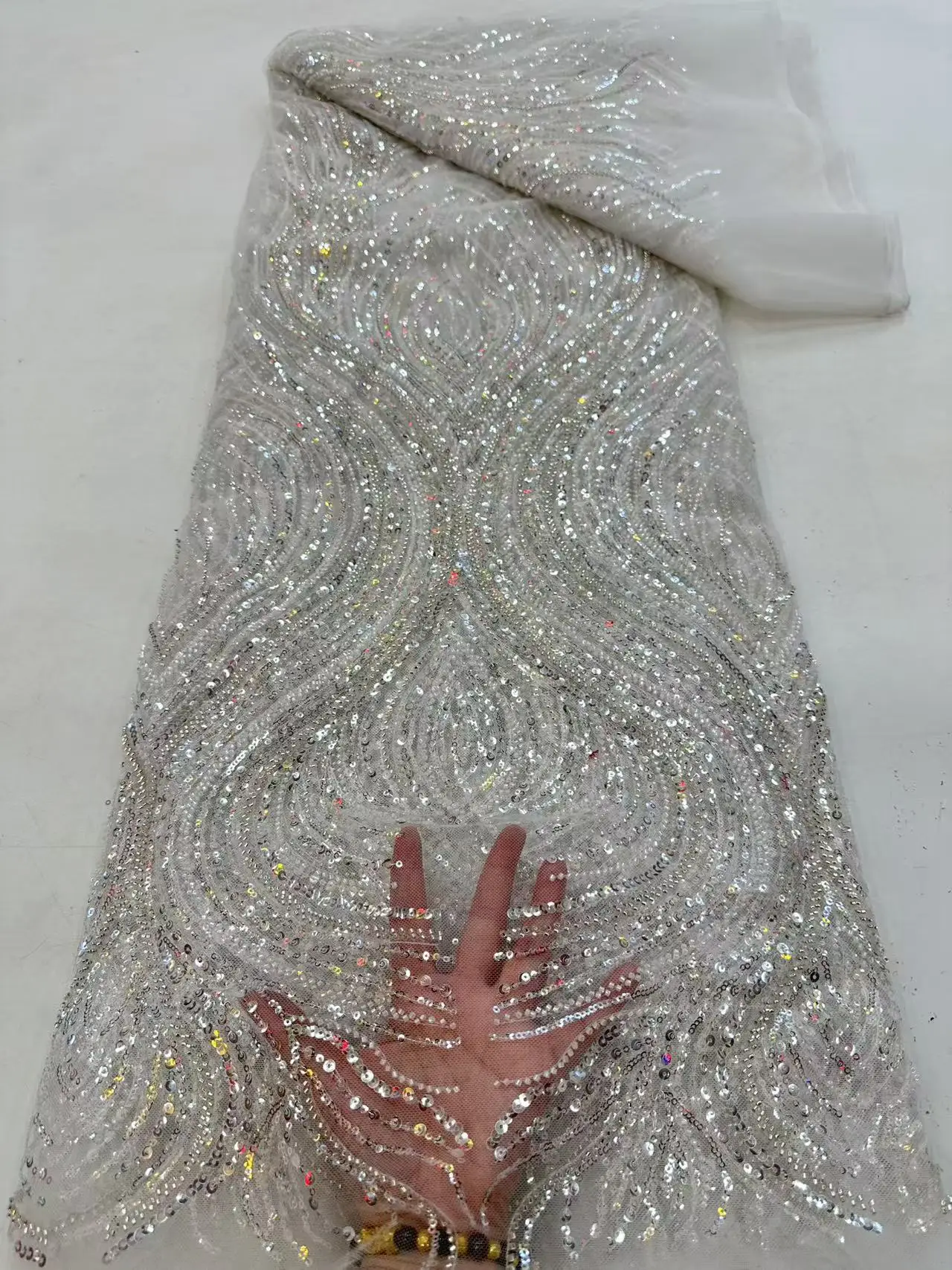 

Luxury White African Beaded Mesh Lace Fabric Embroidery Sequins French Tulle Lace For Nigerian Wedding Party Dress 5 Yards M71-1