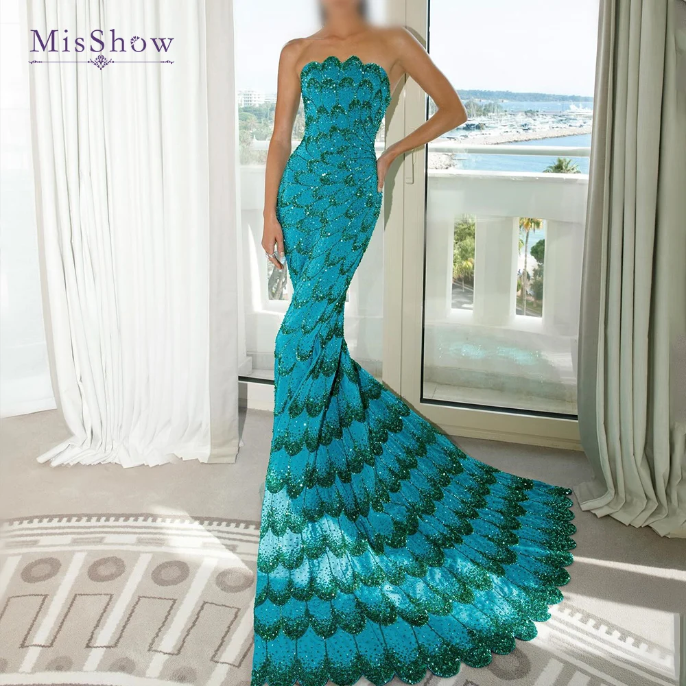 

MisShow Customized Teal Mermaid Evening Dress - Handmade Scale Sequins Fish Tail Gown, Red Carpet & Wedding Guest 2025