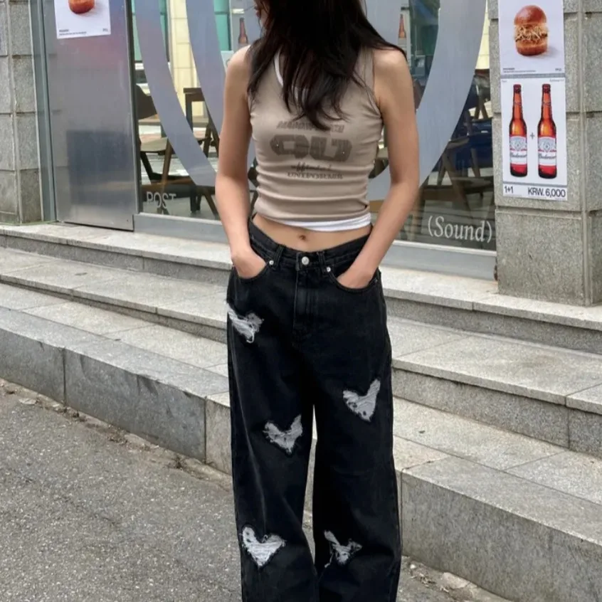 High Waist Draped Black Wide Leg Jeans Women's Casual Straight Leg Jeans Heart Patch Denim Pants Spring Autumn Cotton Jeans
