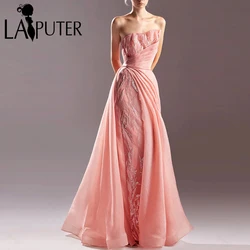 Pink 2in1 Evening Dresses 2024 Strapless Neck Lace Full Mermaid with A line Organza Skirt Formal Dress Box Pleat Celebrity Dress