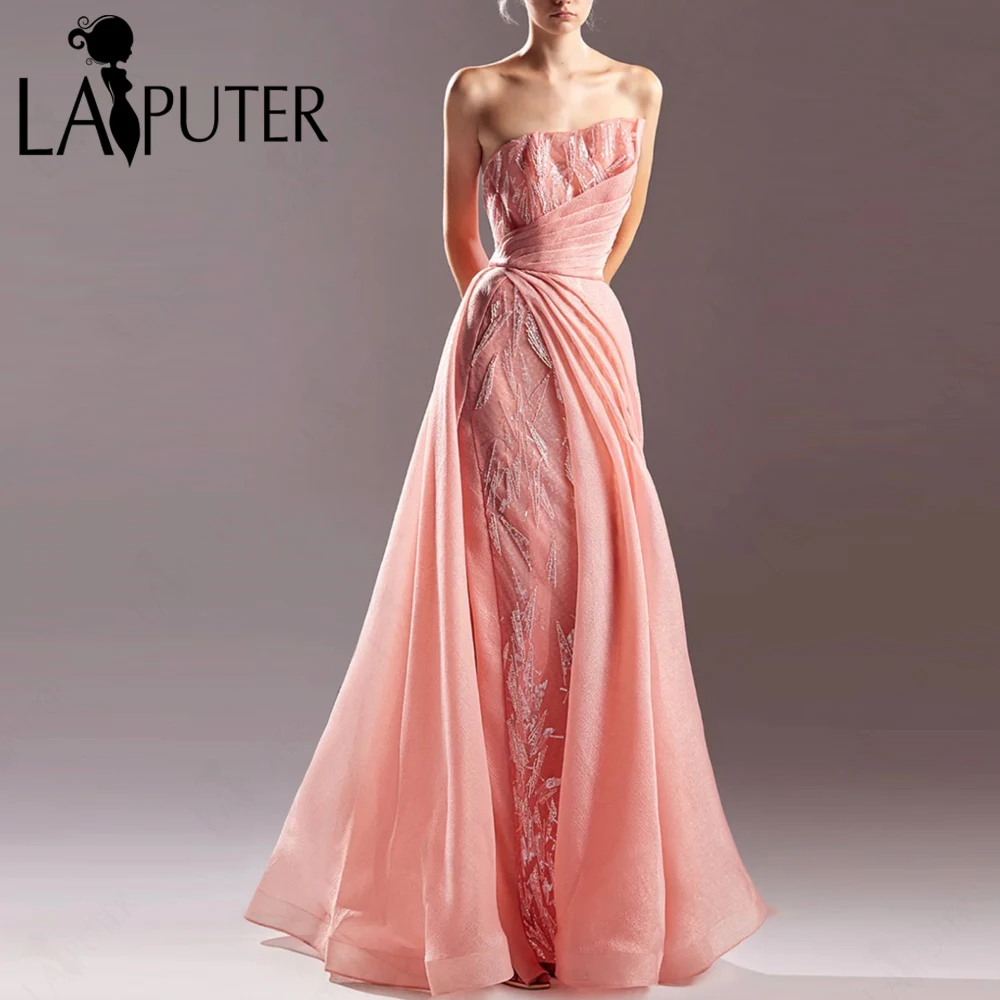 Pink 2in1 Evening Dresses 2024 Strapless Neck Lace Full Mermaid with A line Organza Skirt Formal Dress Box Pleat Celebrity Dress