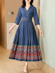 TIYIHAILEY-Women's Vintage Long Maxi Dress, Chinese Style, Half Sleeve, Pleated Printed Dress, Belt Pocket, New,2026
