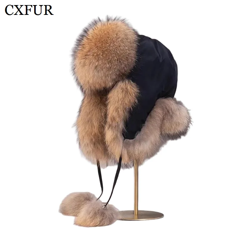 

Natural Color Unisex Winter Genuine Raccoon Fur Russian Earflap Hat CX-C-38E