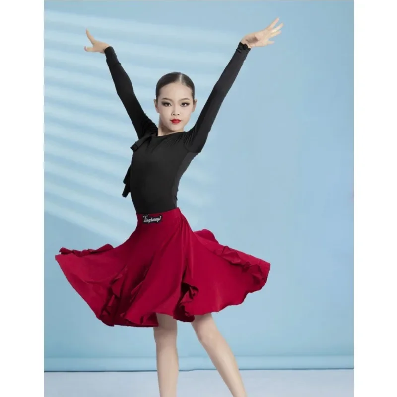 standard Latin dance top girls' long sleeved skirt set practice outfit children's performance outfit latin practice dress