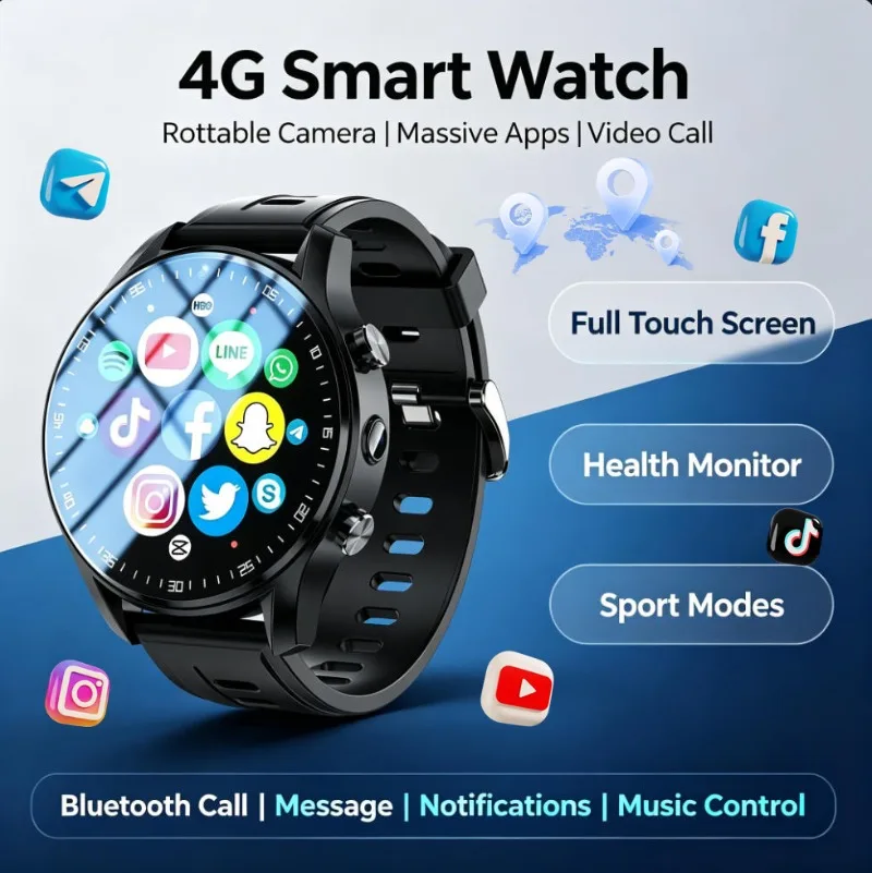 Men Smart Watch Built‑in Camera Bluetooth Call Social App Notifications Multi‑Sport Health Fitness Tracker Wrist Smartwatch