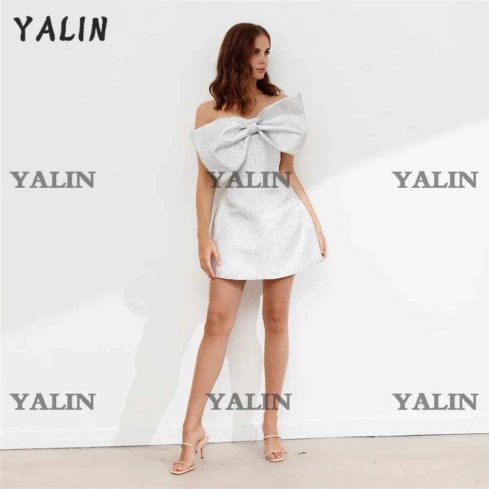 

YALIN Glitter Bow Strapless Cocktail Party Dresses Above knee Satin A-Line Prom Backless Sequined White Evening Gown