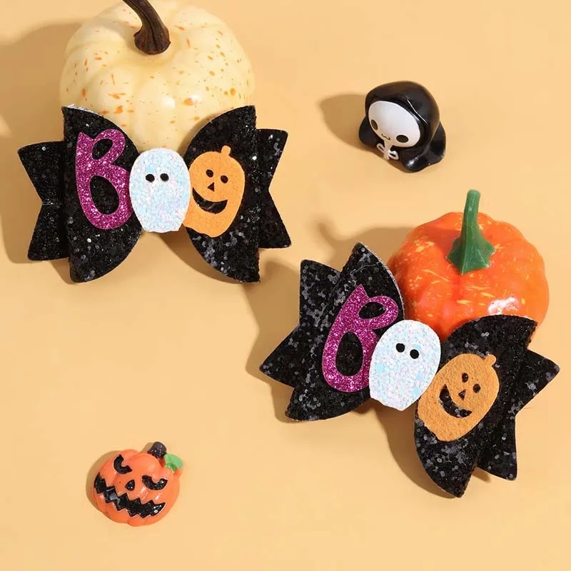 Ncmama 2Pcs Halloween Glitter Hair Bow Hairpin per neonata Pumpkin Ghost Decor Bowknote Hairclip Kids Headwear accessori per capelli