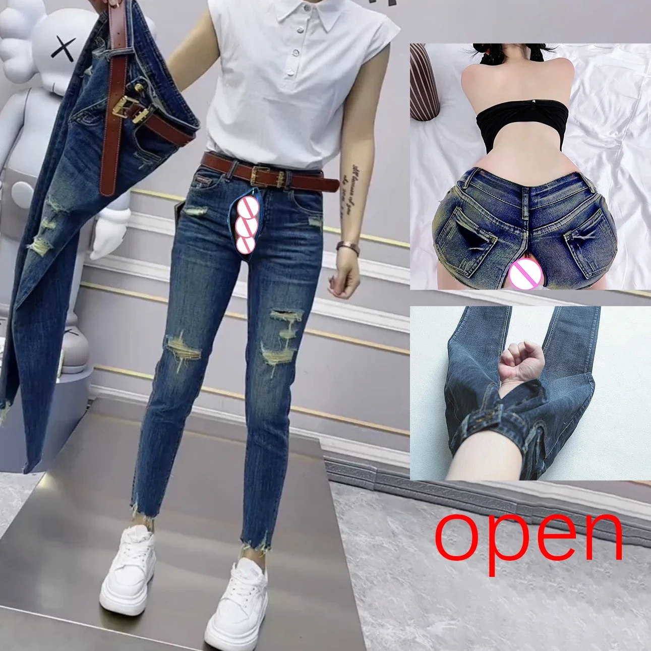 

Ripped Jeans Women Outdoor Open Crotch Sex Pants New Plus Size Stretch Slim Denim Trousers Cargo Baggy Streetwear Mom Clothes