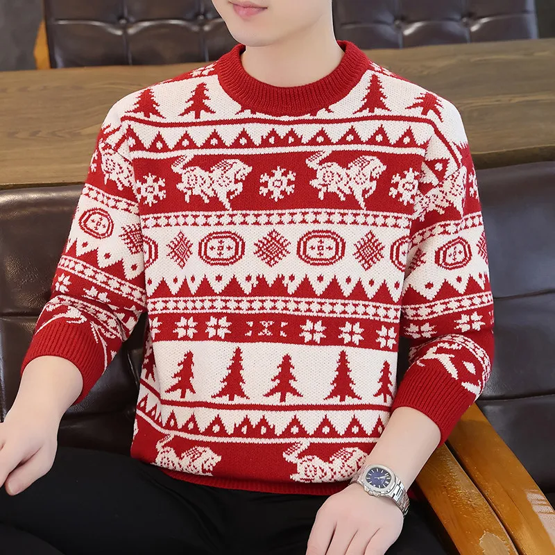 

Новый мужской вязаный свитер 2025 года, молодежный, зимний, модный, из мягкого акрила, красный, утолщенный, длинный рукав, повседневная одежда