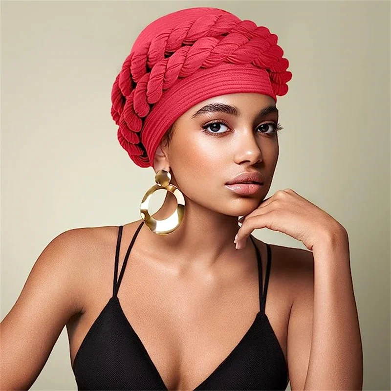 Colore solido Doppia Treccia Turbante Caps per Le Donne Ondulato Musulmano Copricapi Treccia Cappello Islamico Femminile Testa Wrap Cofano Turbante