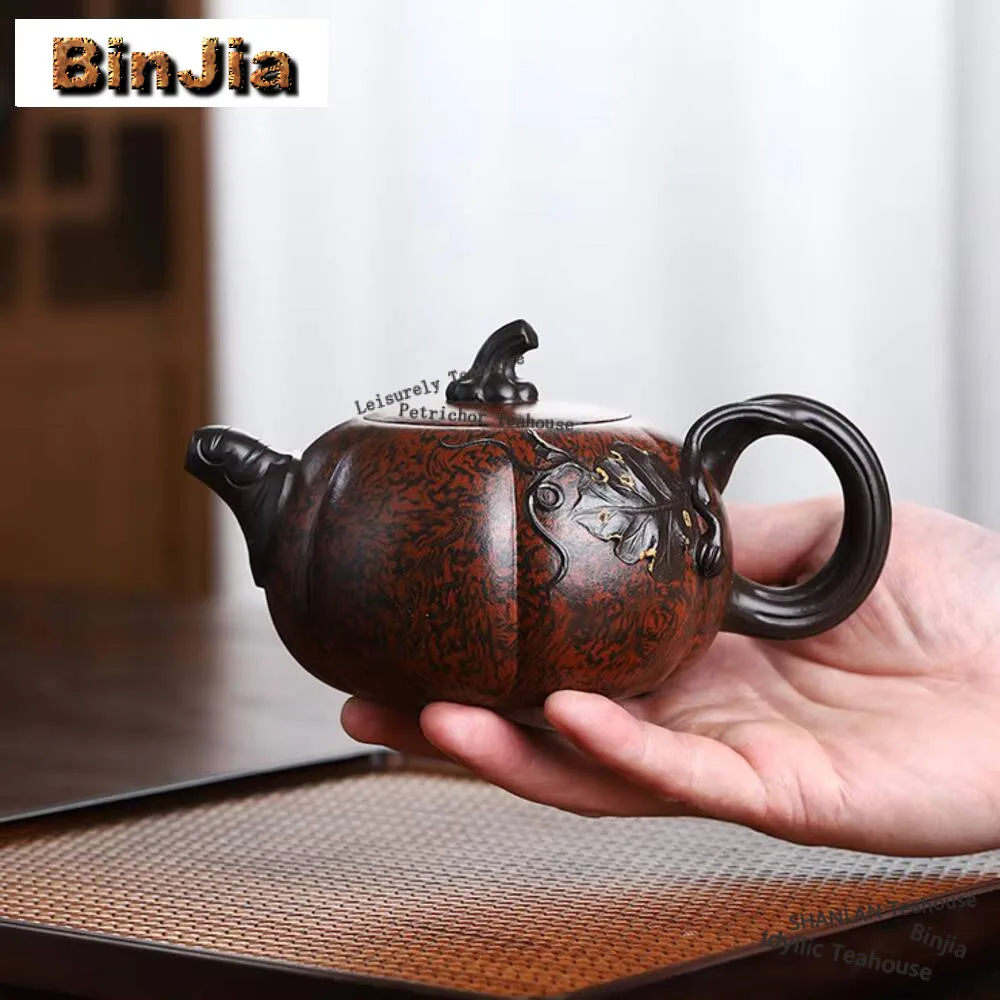 370ml Yixing Purple Clay Teapots Hand-carved Pumpkin Tea Pot Stale Twisted Mud Beauty Infuser Kettle Chinese Zisha Set Supplies