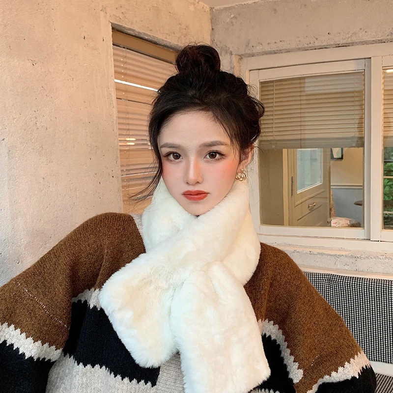 Winter Luxury Warm Thicken Scarfs Faux Rabbit  Fur Plush Cross Collar Scarf Shawl Warm Soft Thicken Snood Scarves Women Scarf