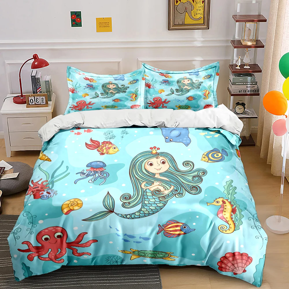 

Ocean creatures with a mermaid illustration Print Bedding Set 1 Duvet Cover 2 Pillowcases for Adult and Children Luxury Gift