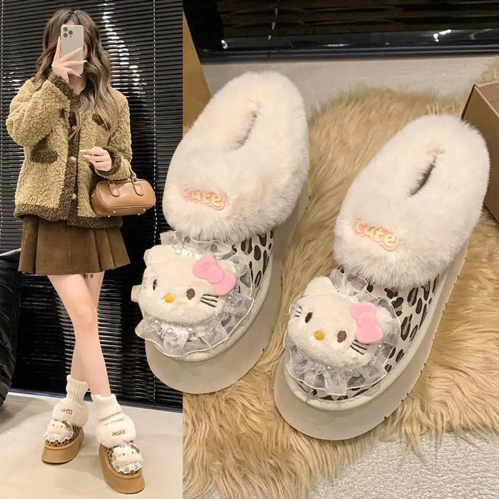 Anime Hellokittys Leopard Print Series Winter Warm Cotton Shoes Cartoon Cute Girl Snow Boots Anti Slip Thick Soled Short Boots