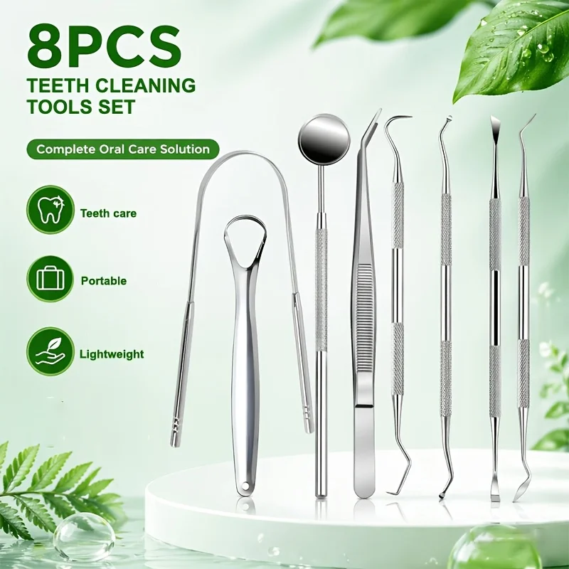 6/8-teiliges Mundpflege-Set, Zahnstocher aus Edelstahl, Zungenreiniger mit Spiegel, Interdentalreiniger, Aufbewahrungsbox für Erwachsene, für den Heimgebrauch.
