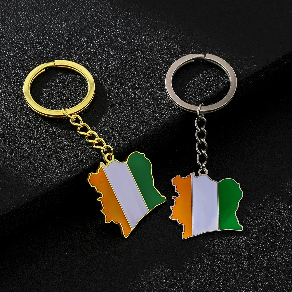 Llavero de Acero Inoxidable con Mapa de Costa de Marfil y Bandera, Diseño Moderno con Efecto de Goteo de Aceite, Impermeable, Souvenir para Viajes, Colección o Regalo