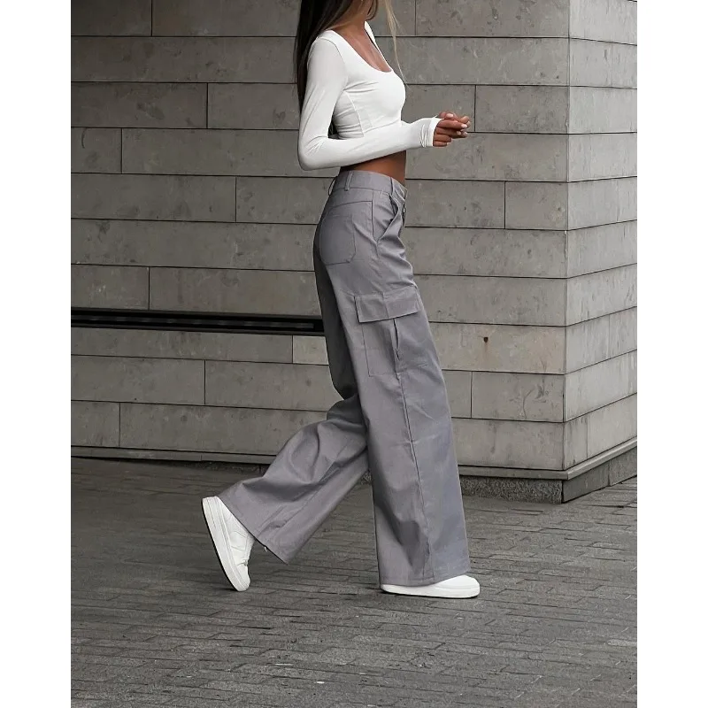 Women Cargo Pants Baggy Wide Leg Trouser Streetwear Harajuku Y2k Multi-pocket Straight Pants High Waisted Sexy Black Gray New