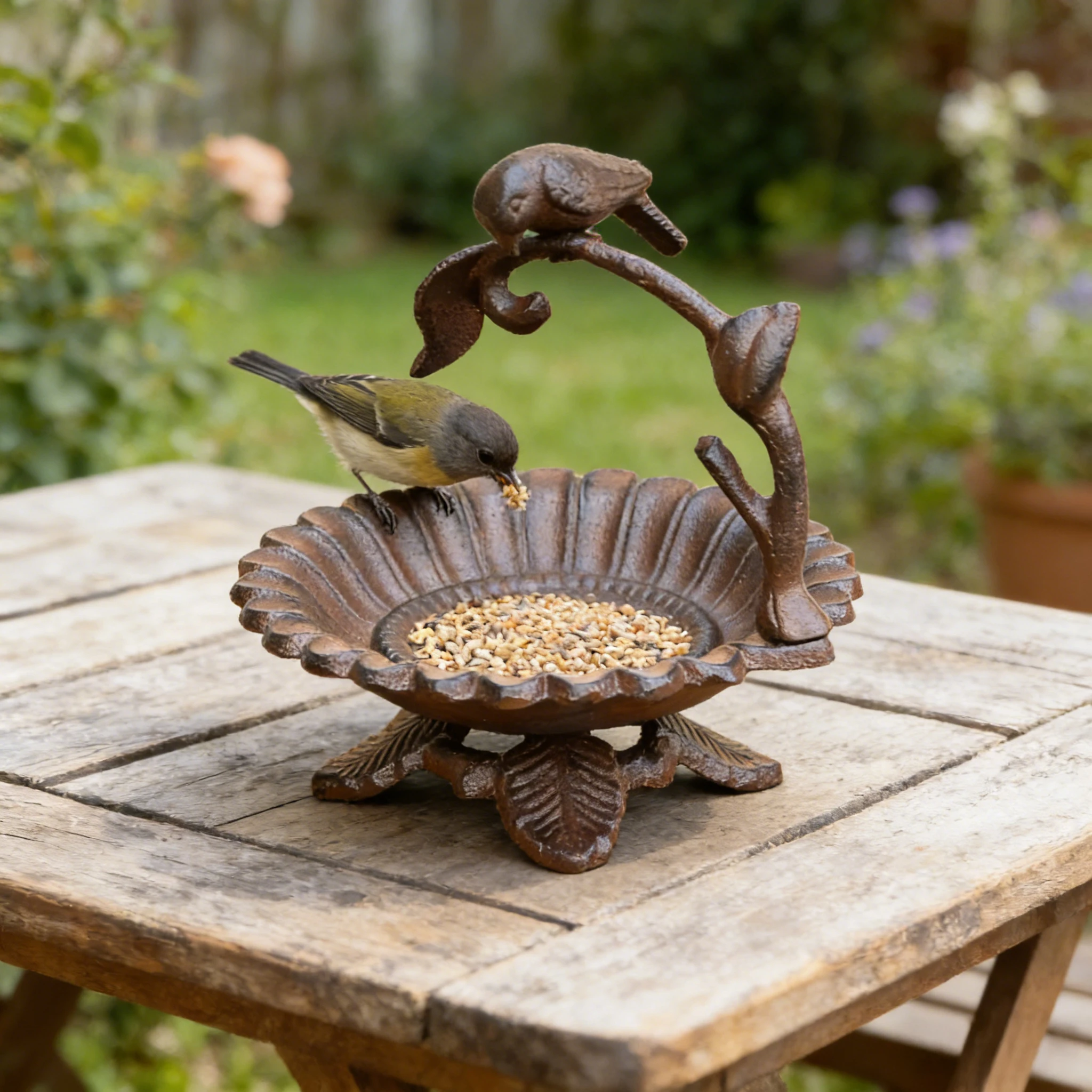 Retro Rustic Sunflower Cast Iron Bird Feeder With Decor Leaves Bottom Base And Bird On Branch Handle Storage Tray Candle Holder