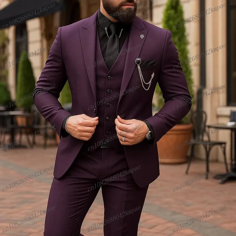 

New Formal Business Purple Men Suit Groom Groomsman Wedding Party Prom Tuxedos Male Costume 3 Piece Set Jacket Vest Pants