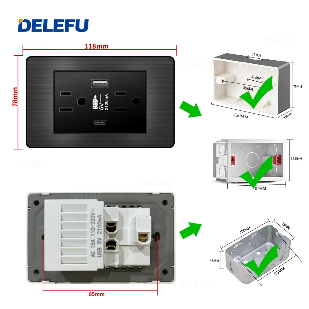 DELEFU Stainless Steel Black Panel Series American Standard Switch Socket Computer USB Type C Wall Power Socket