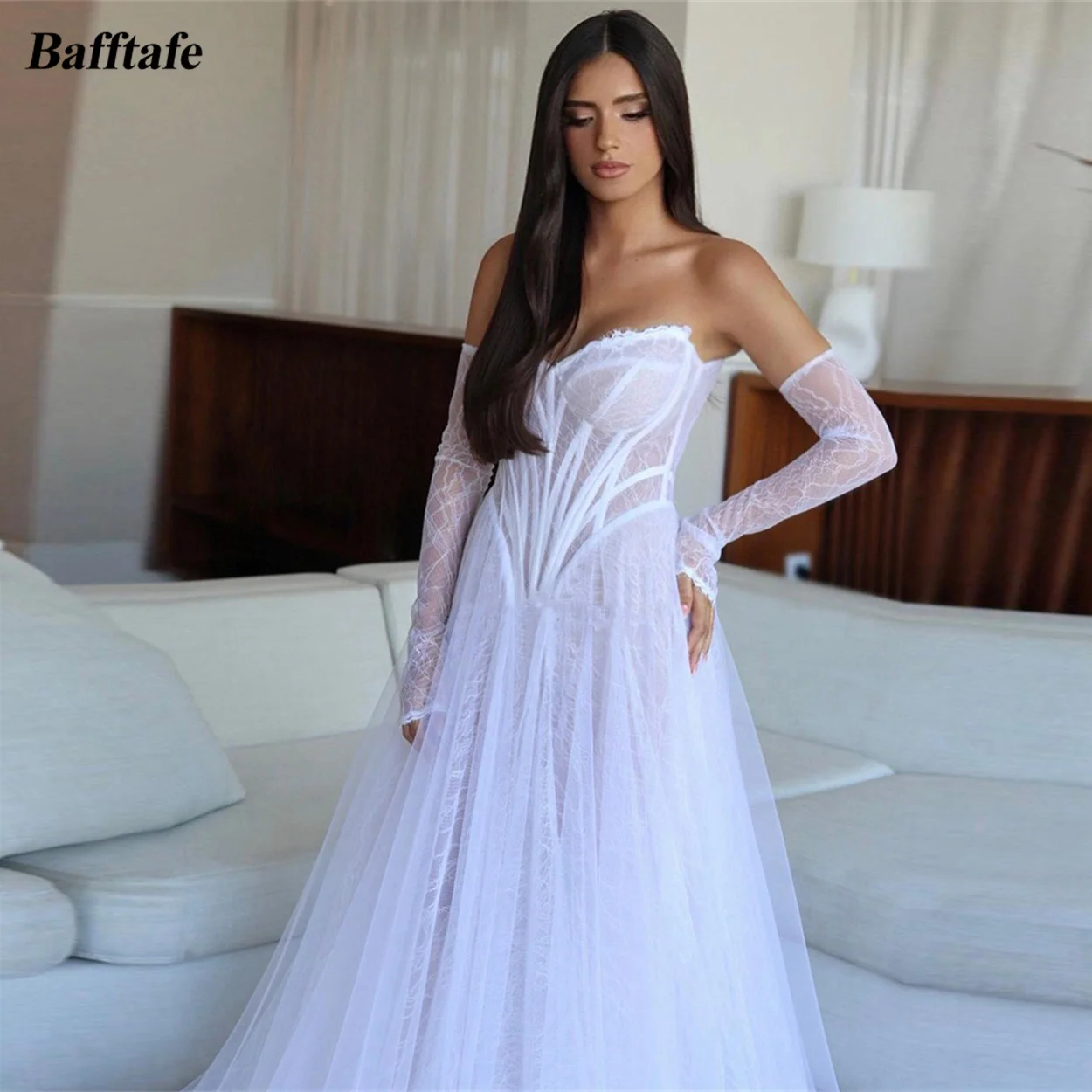 

Bafftafe A Line Boho Lace Bride Dresses For Israel Removable Long Sleeves Bones Bridal Gowns Formal Women Party Wedding Dresses