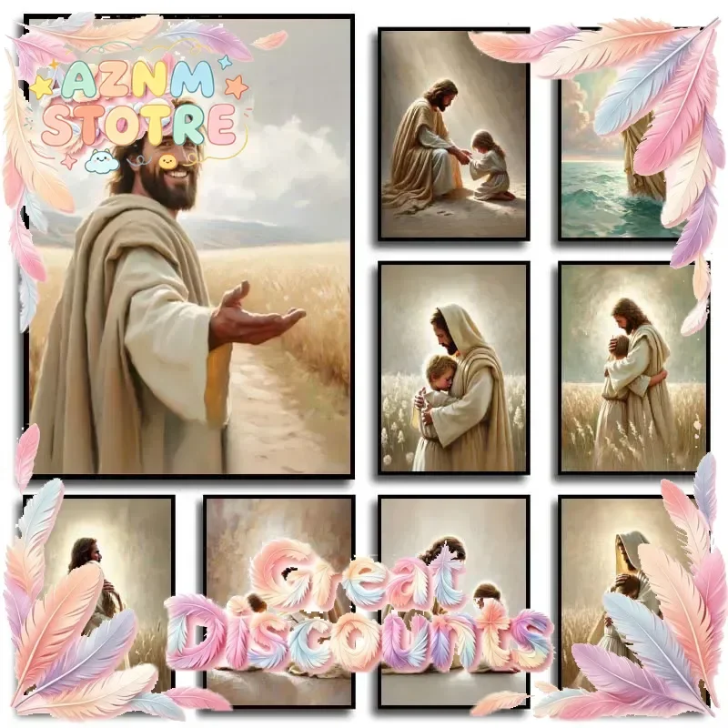 Jesus God Lamb Angel Boy Girls Praying Bible Poster and Prints Christian Canvas Printing Wall Art Picture for Living Room Dec