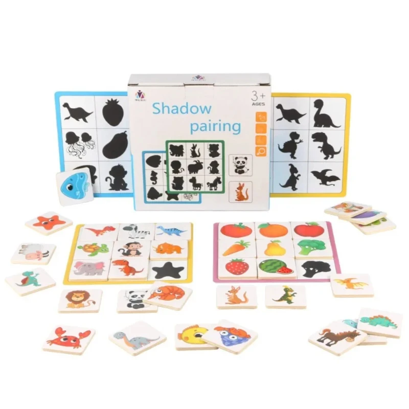 モンテッソーリ形状マッチングボードゲーム木製影を見つける一致する画像動物フルーツブロックパズル子供のための教育玩具