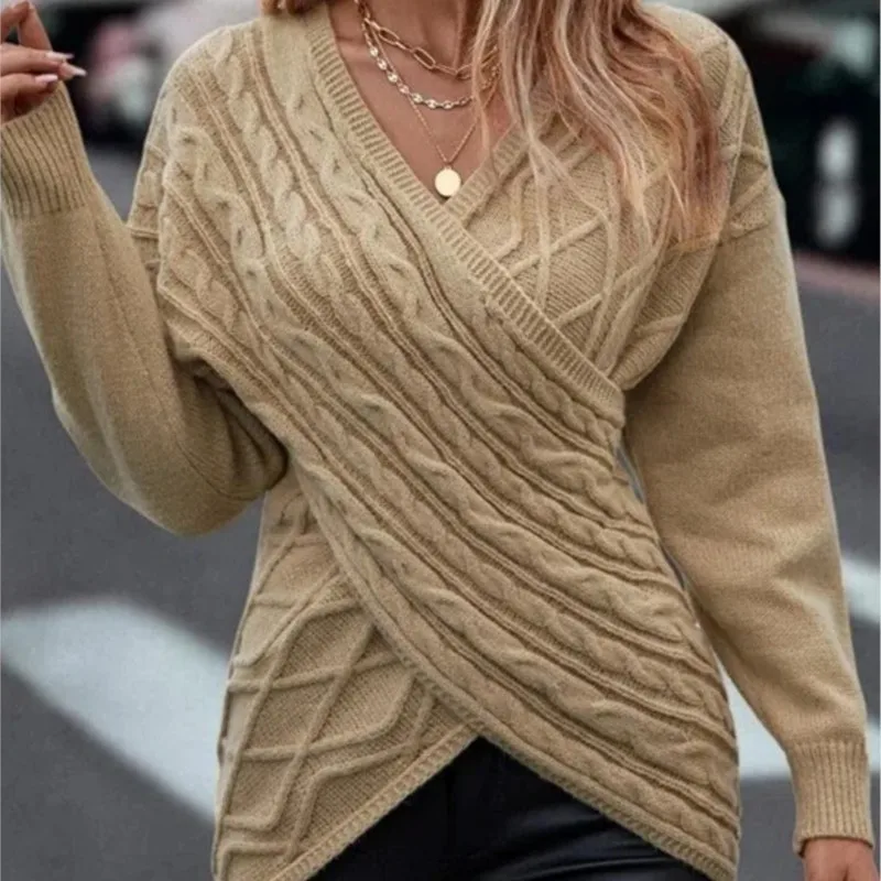 

Вязаный свитер цвета хаки с v-образным вырезом, женский пуловер с открытыми плечами, осенний теплый уличный свитер с крестом, жаккардовые джемперы, серый джемпер для девочек Y2k, рабочий