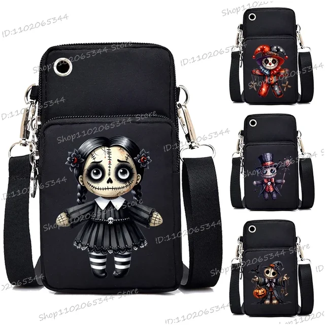 Mini torba na telefon komórkowy kobiety mężczyźni gotycki wzór lalki torba Crossbody moda Harajuku na cały mecz Halloween torebki na ramię torebki