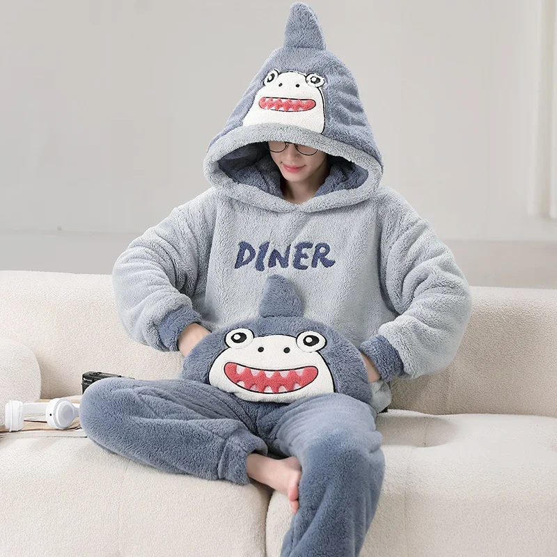 Winter Couples Pajamas Sets Thicken Women Men Sleepwear Pyjama Suit Shark Cute Soft Warm Homewear Pijama Unisex Hooded  Pajama