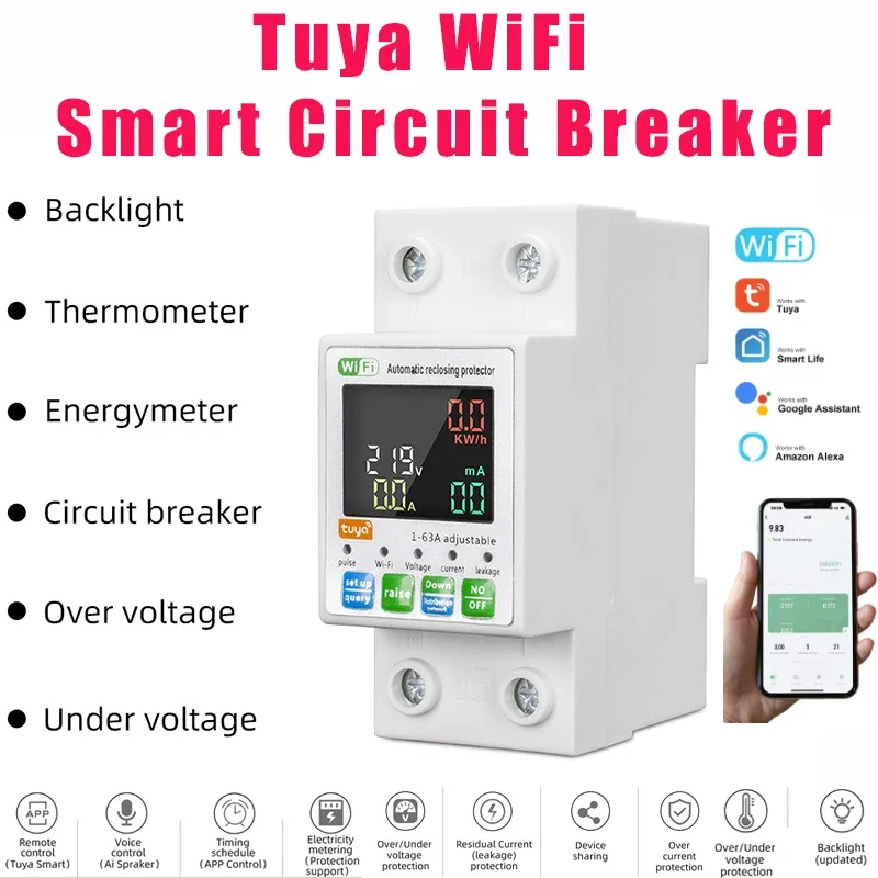 Smart Circuit Switch Breaker 63A Tuya WiFi Smart Earth Leakage Over Under Voltage Protector Relay Device Energy Power kWh Meter