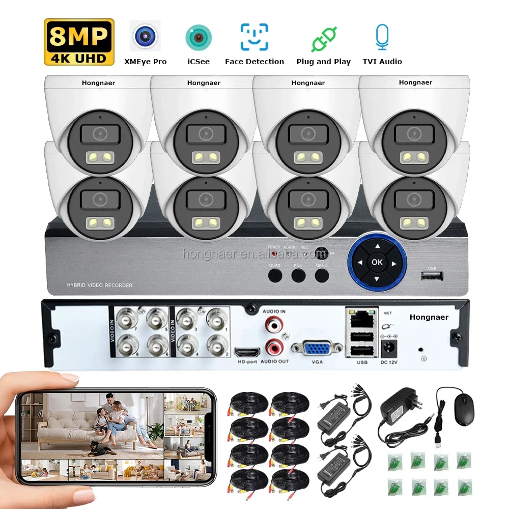 

Hongnaer 8MP Wired Home AHD 8CH Digital Video Recorder IP Security CCTV Camera Kit Set System XMEye Pro 4K Analog Surveil System