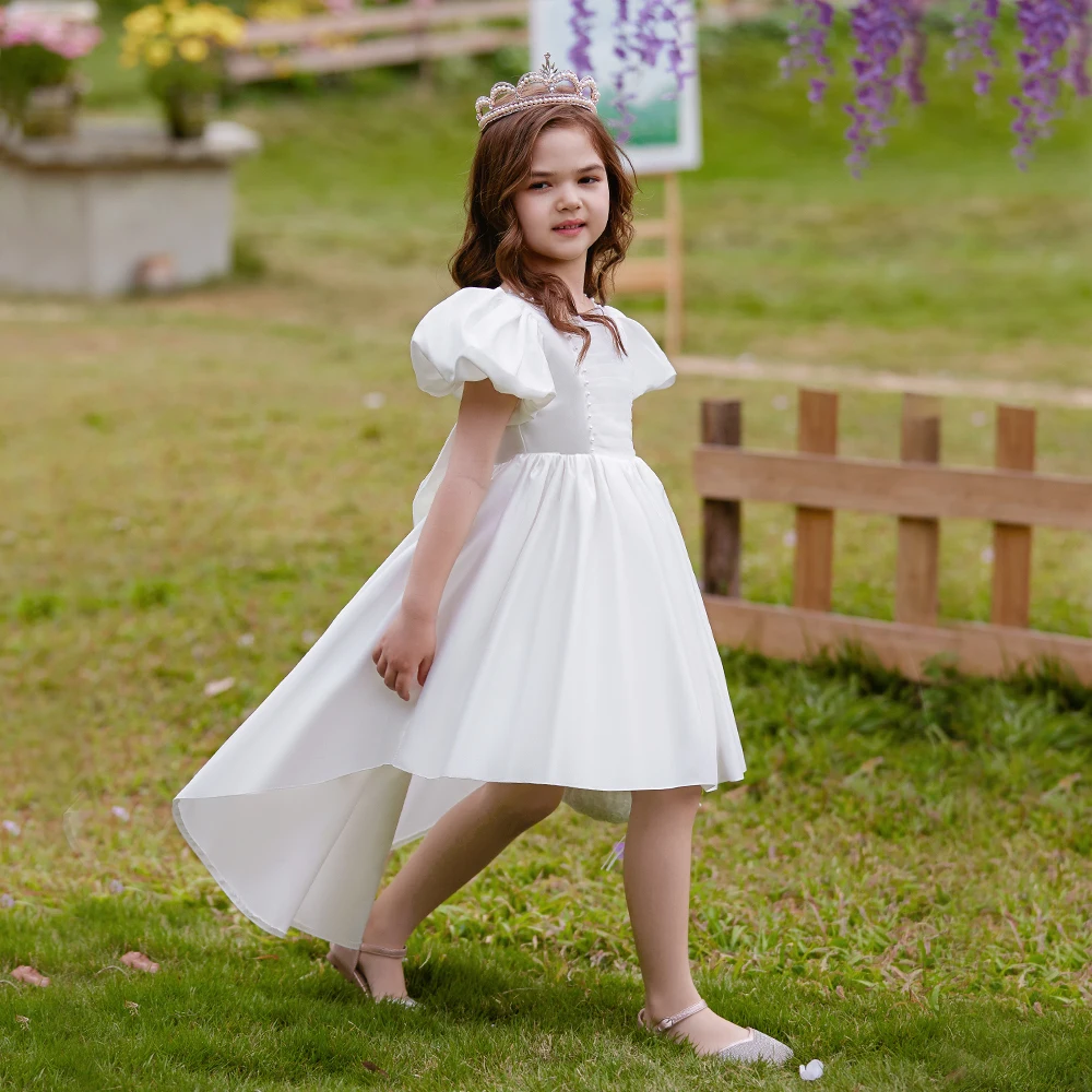 White Trailing Bridesmaid Dresses For Girl Puff Sleeve Girls Birthday Party Dress Pageant Wedding Prom Gown 3 10Yrs Kids Clothes