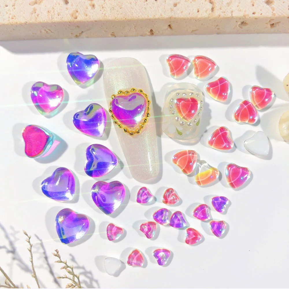 20pcs/Bag 3D Macaron Heart Candy Nail Art Rhinestone 4/6/8mm Crystal Iridescent Aurora Nail Charms Manicure Accessories Jewelry