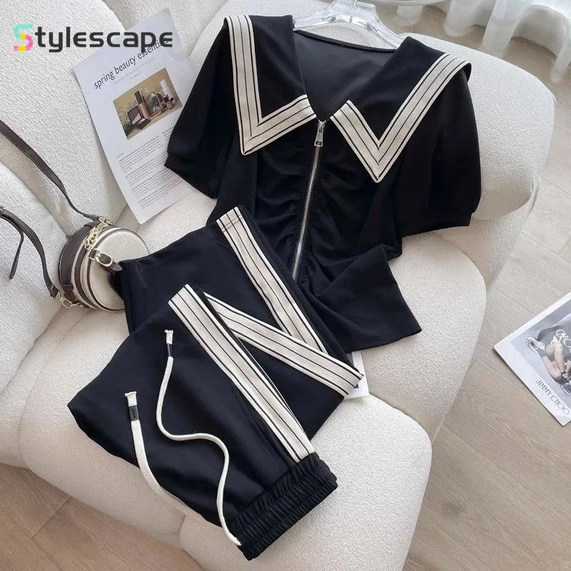 2024 New Leisure Sports Women's Summer Fashion Age Reducing Navy Neck Short Sleeve Wide Leg Pants Two Piece Set