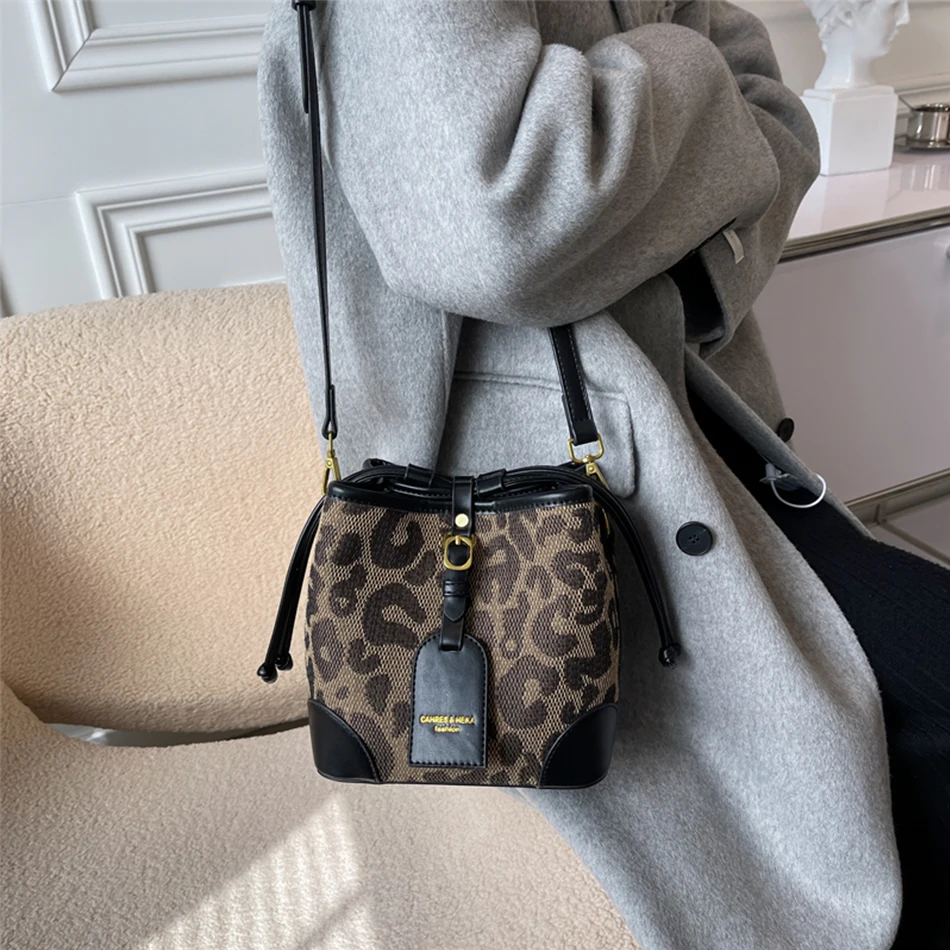 Leopard Small PU Leather Women Bucket Crossbody Bags 2023 Spring Designer Shoulder Bag Luxury Brand Lady Handbag Lady Trend Tote