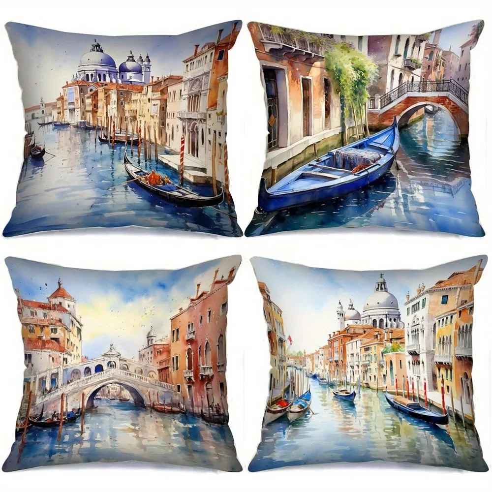 Home Decor Venice Canal Watercolor Boat Pillow Covers Pattern Cushion Cover Suitable for Sofa Bedroom Car Pillow Cover