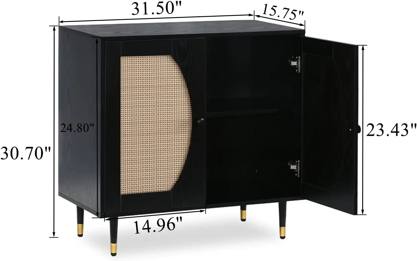 Black Buffet Sideboard Cabinet, Rattan Sideboard with Natural Rattan Doors, Black Rattan Console Table with Storage