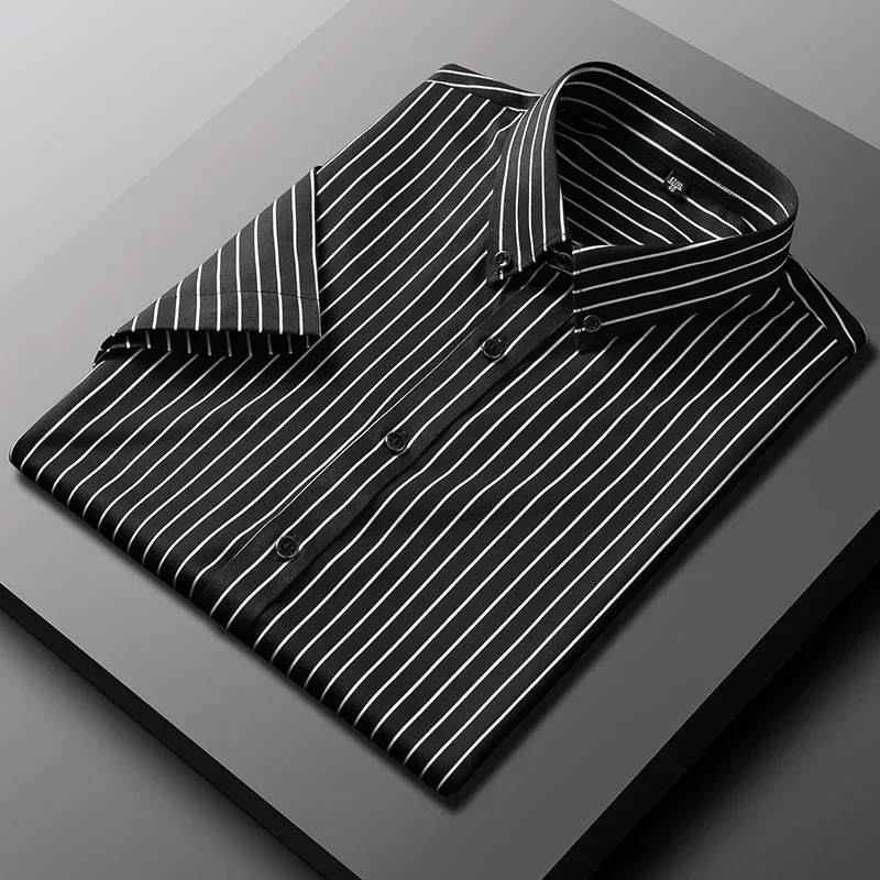

TFETTERS Brand 2025 Summer Shirts for Men Short Sleeve Turn Down Collar Button Up Elasticity Business Striped Shirts Men