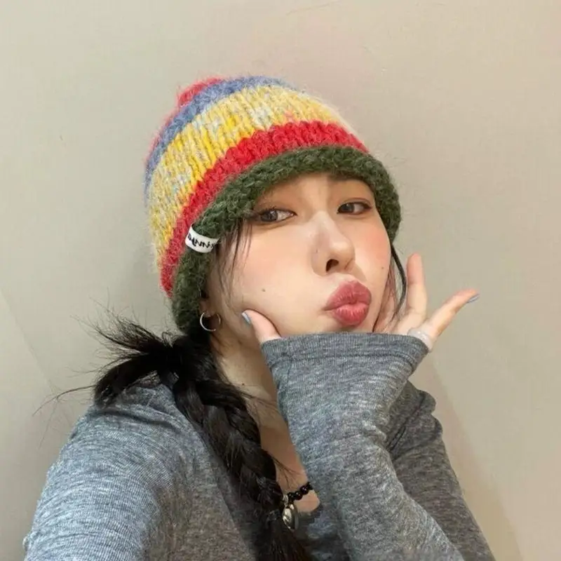 Handmade Knit Striped Bucket Hat for Woman Weaving Floppy Rolled Brim Bucket Hat Adult Teens Winter Fisherman Cap 6XDA