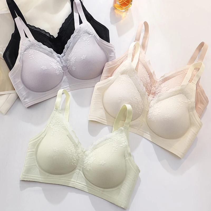 Seamless Soft Support Jelly Strips Anti Slip Semi Fixed Cup Women Underwear Naked Feeling No Steel Ring Gathering Lace Bra